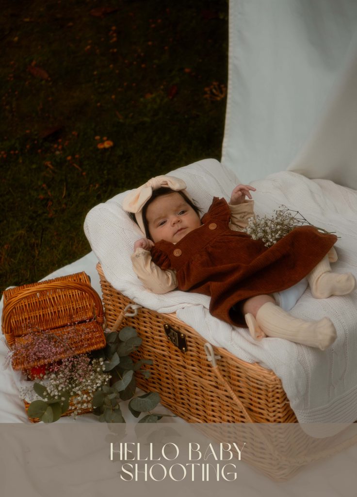 Photography of a baby laying on a basket with the text "Hello Baby Shooting"