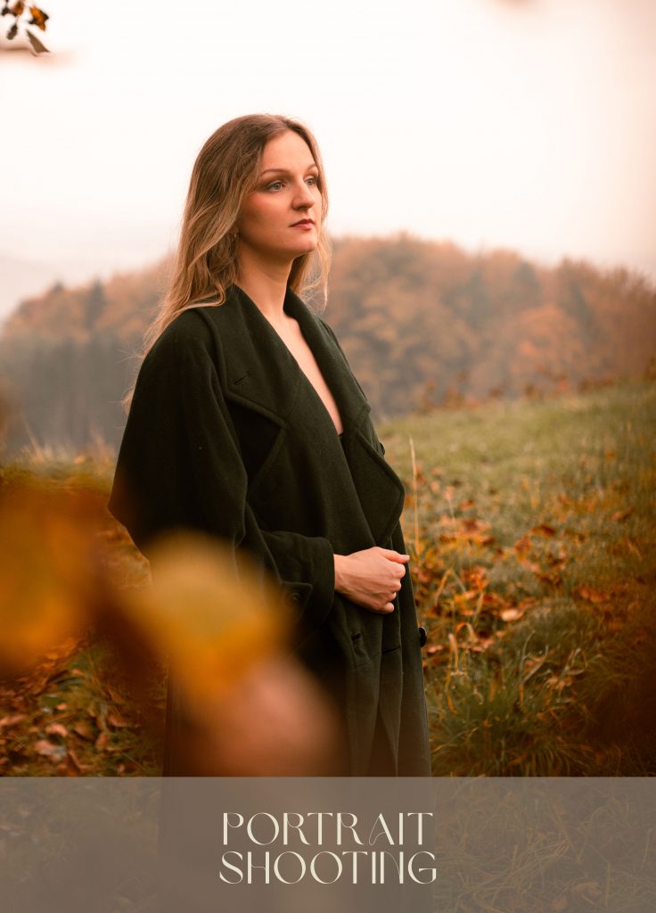 Photography of a girl standing on a meadow with the text "Portrait Shooting"